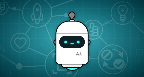 A floating, white, artificial intelligence character with an antennae, a scanner on the bottom, and an LED face